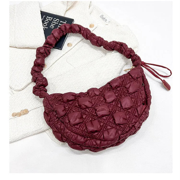 Women's casual nylon underarm messenger bag in beige colour showing dimensions and adjustable shoulder strap