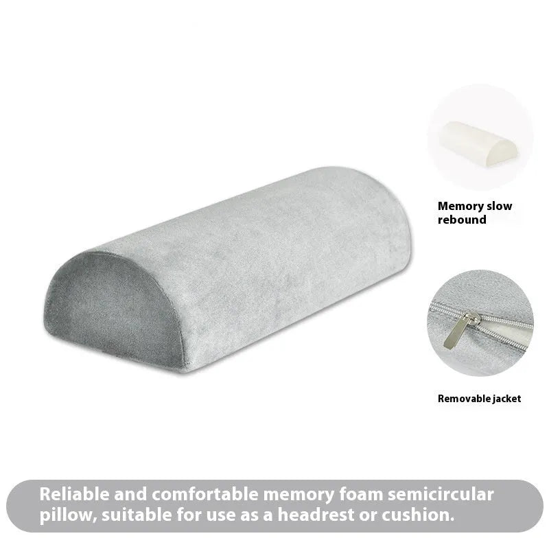 Gray crystal velvet half-cylinder foot pillow with memory foam, 42x18x10cm, on a desk