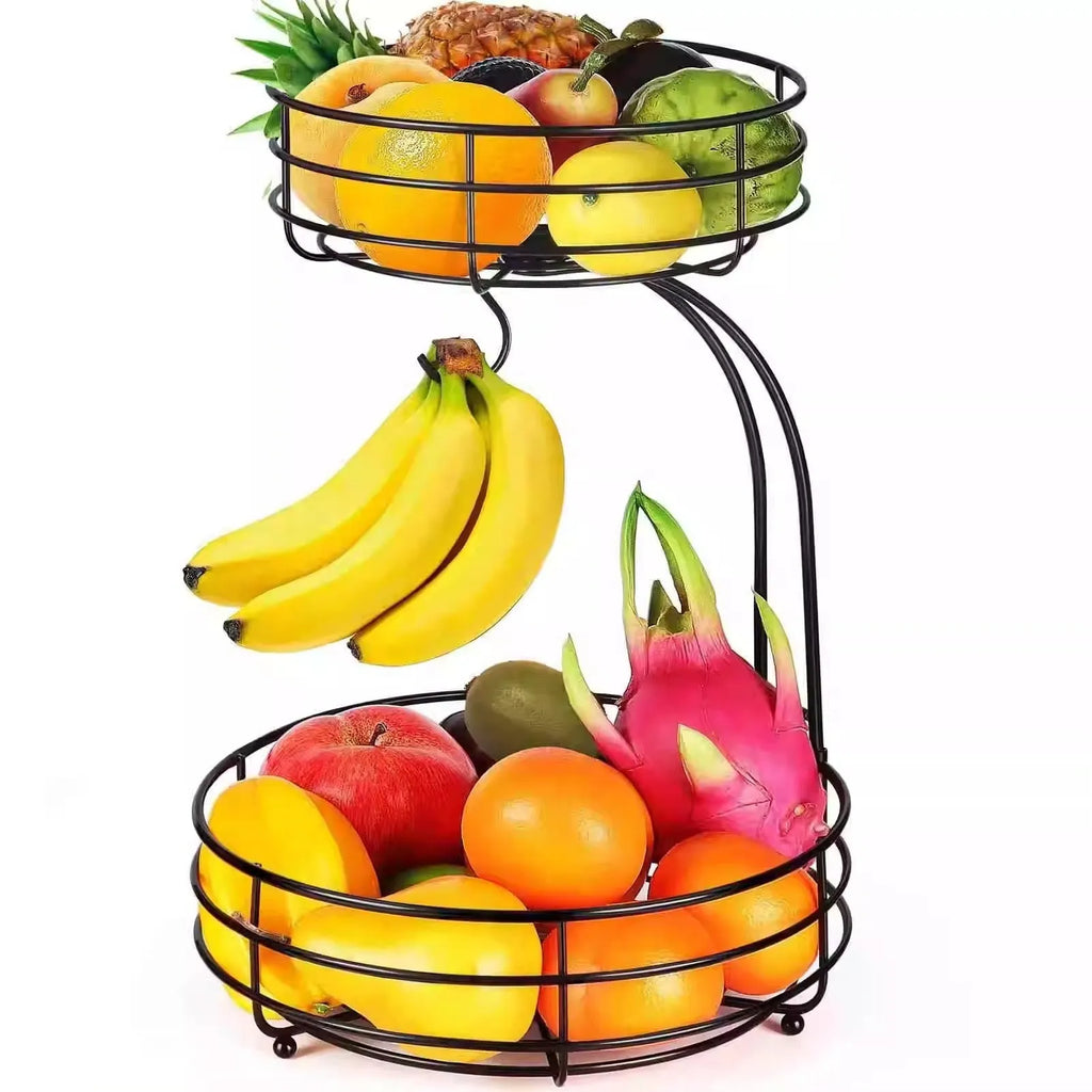 Double-layer black and gold wrought iron fruit basket with two storage tiers