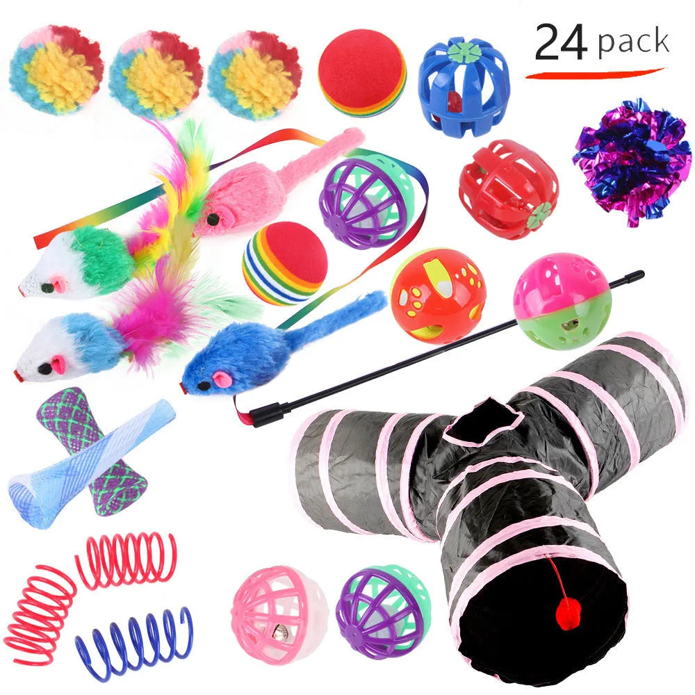 Plastic cat toy channel maze set with coloured accessories for feline play