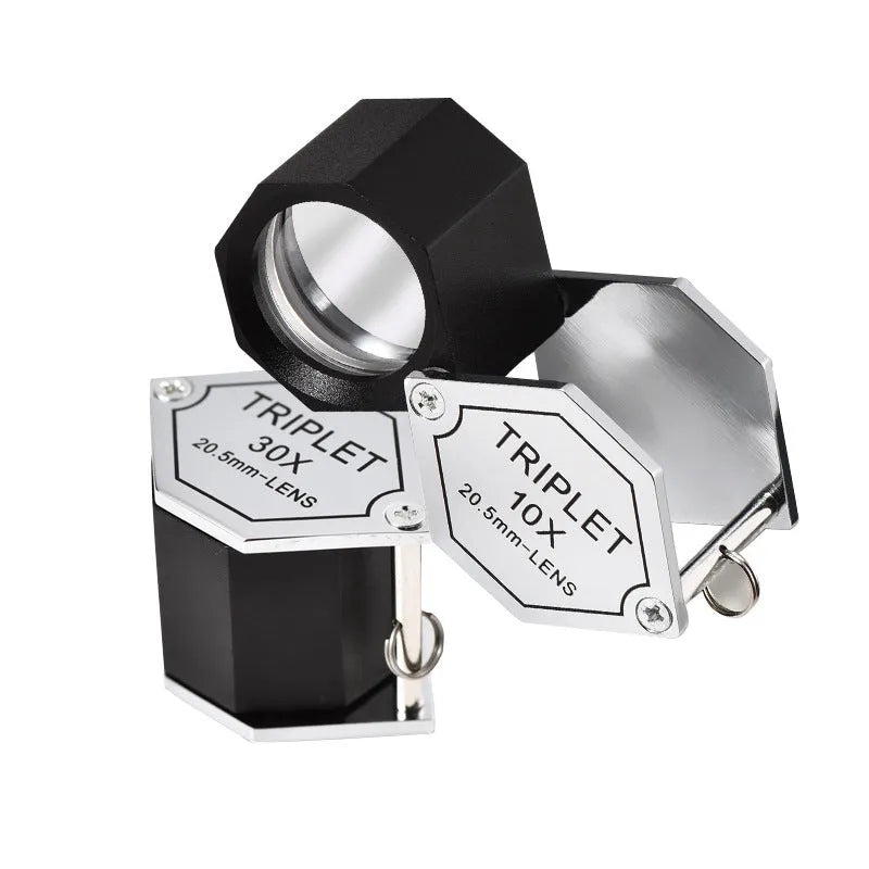 Handheld portable magnifying glass with metal body and optical glass lens for jewellery and coin identification