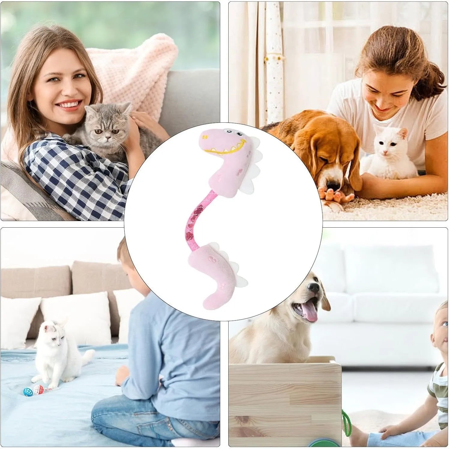 Four interactive cat toys: catnip rope, plush fish, plush mouse, and plush bunny in pink