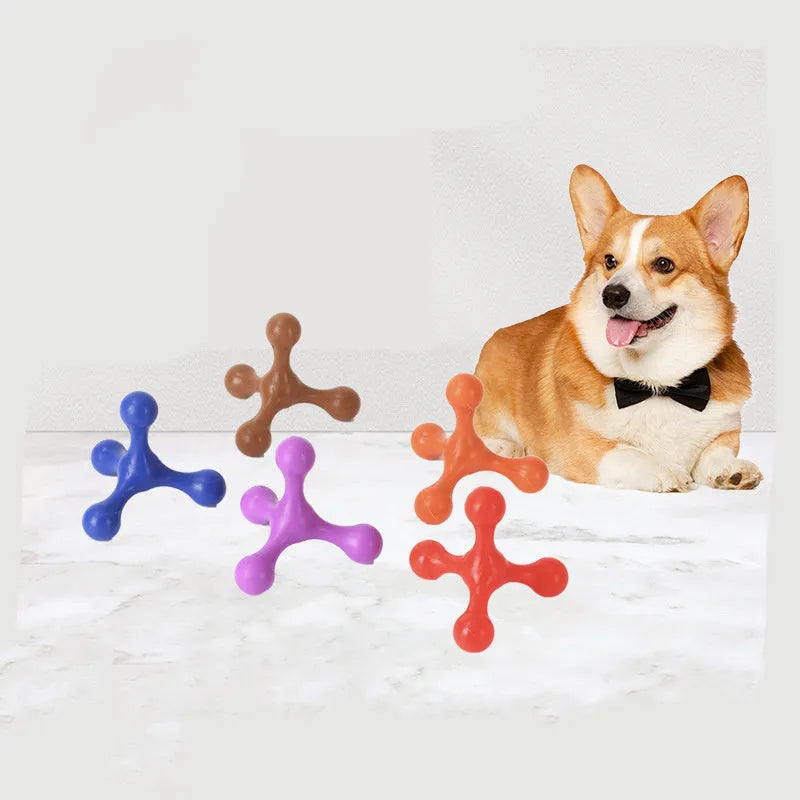Blue three-legged silicone bone chew toy for small and medium puppies on white background