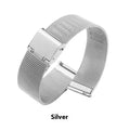 Milani silk woven stainless steel watch band replacement strap with metal clasp in silver, black, rose gold, and gold.