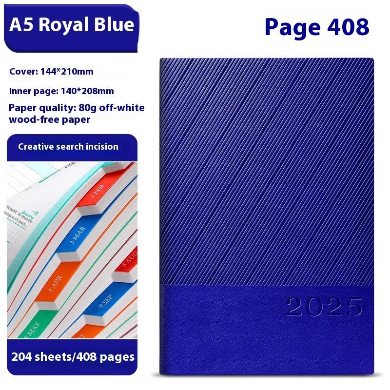 A5 business notepad with striped PU leather cover open on 80g wood-free paper, showing one of eight colour options.