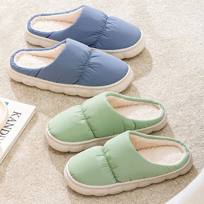 Down cotton couple slippers with artificial leather upper and non-slip rubber soles in multiple colour options