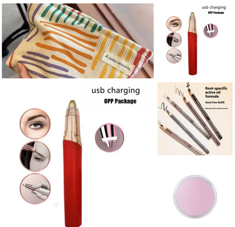 Eyebrow epilator pen with gold plated head and LED light on pink background