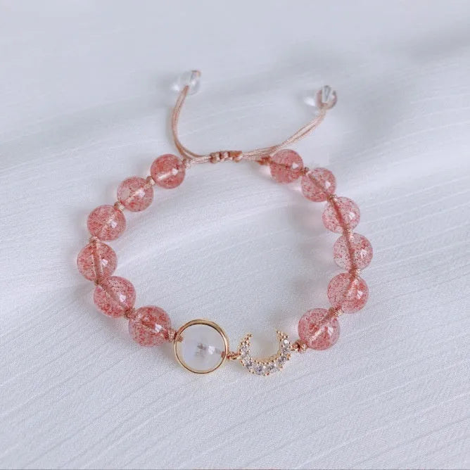 Handmade strawberry quartz crystal bracelet for women showing five natural stone design variations