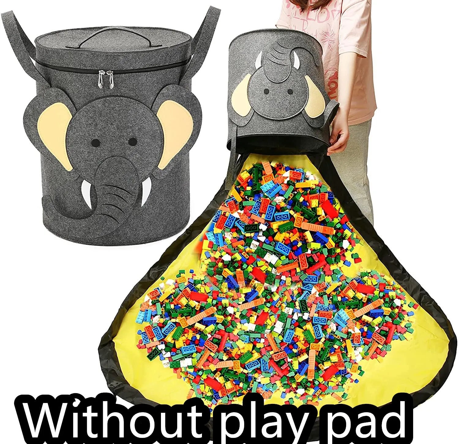 Green felt storage bag converted into a toy play mat with pull rope closure