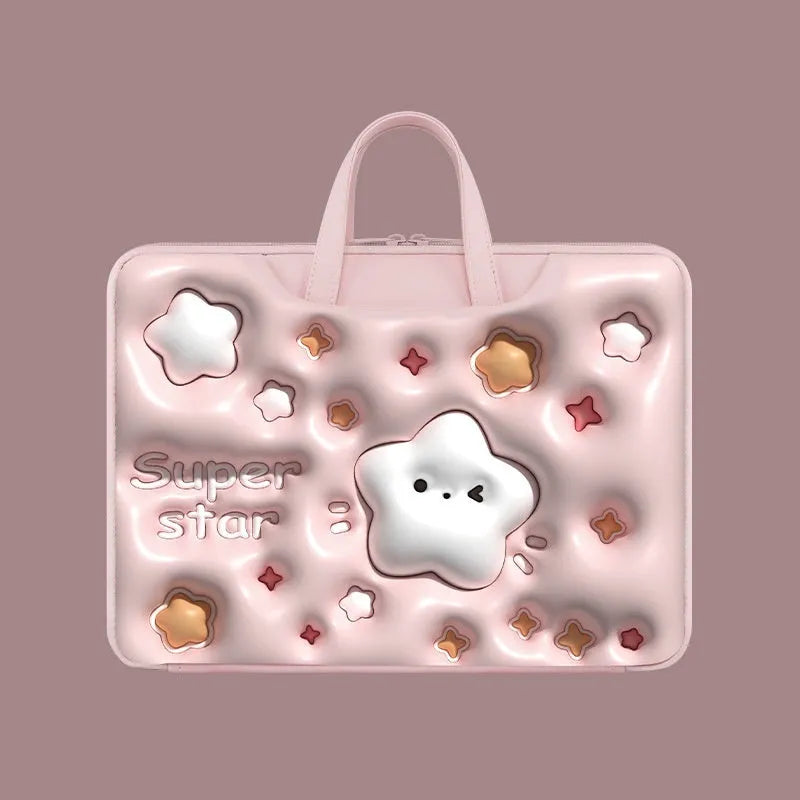 Inflatable PU leather laptop bag with hanging handle in panda pattern design for 15-inch laptops