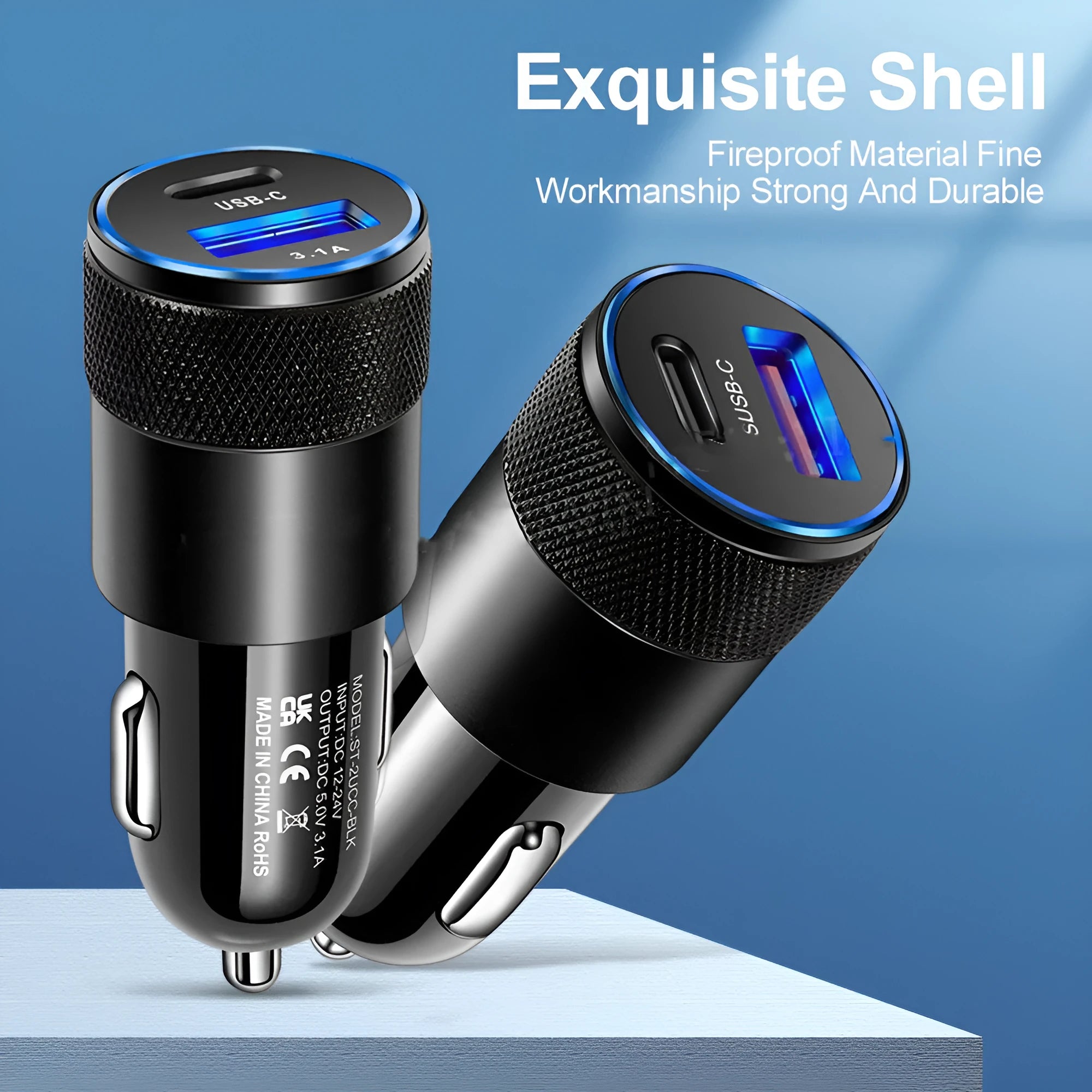 Compact aluminium alloy mobile phone car charger for 12V vehicles with black or black silver finish