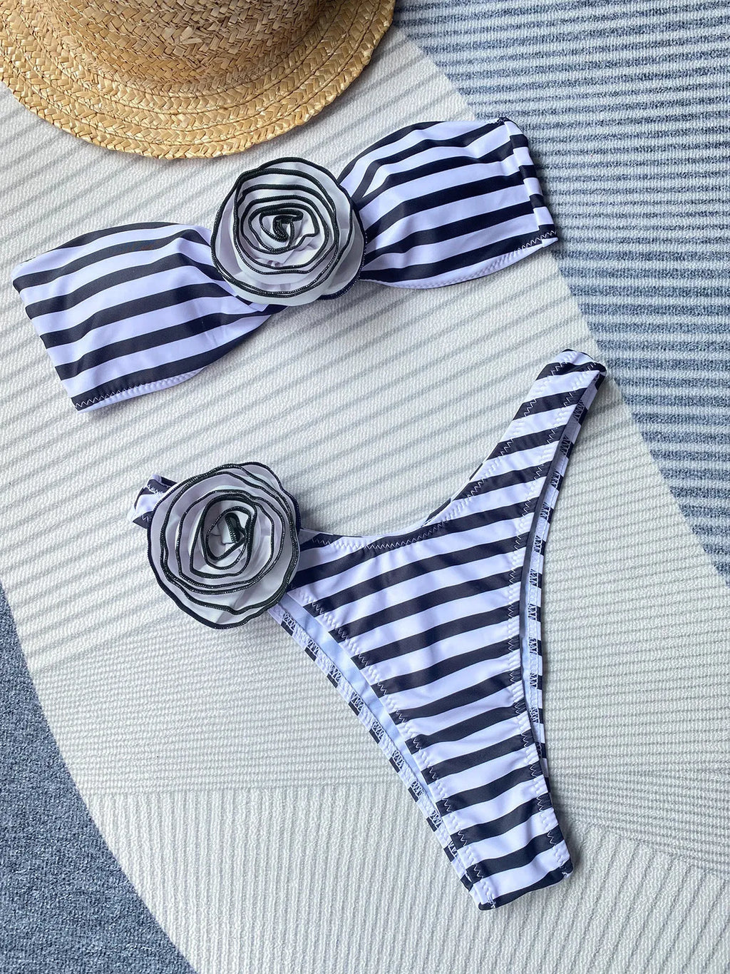 Bikini swimsuit set with cross-border tube top and three-dimensional floral split design in striped pattern.