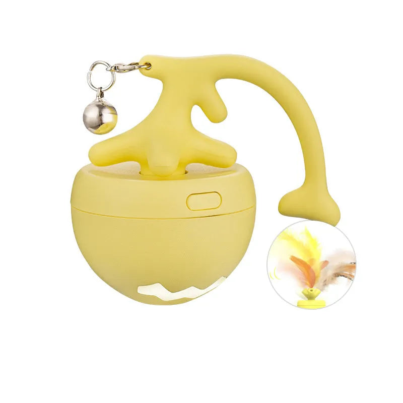 USB electric cat teasing ball with fish bone design and separate feather wand attachment in blue, pink, or yellow