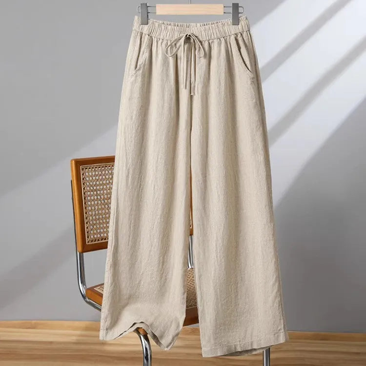 Women's straight-leg casual trousers with drawstring elastic waist in apricot, khaki, brown or black