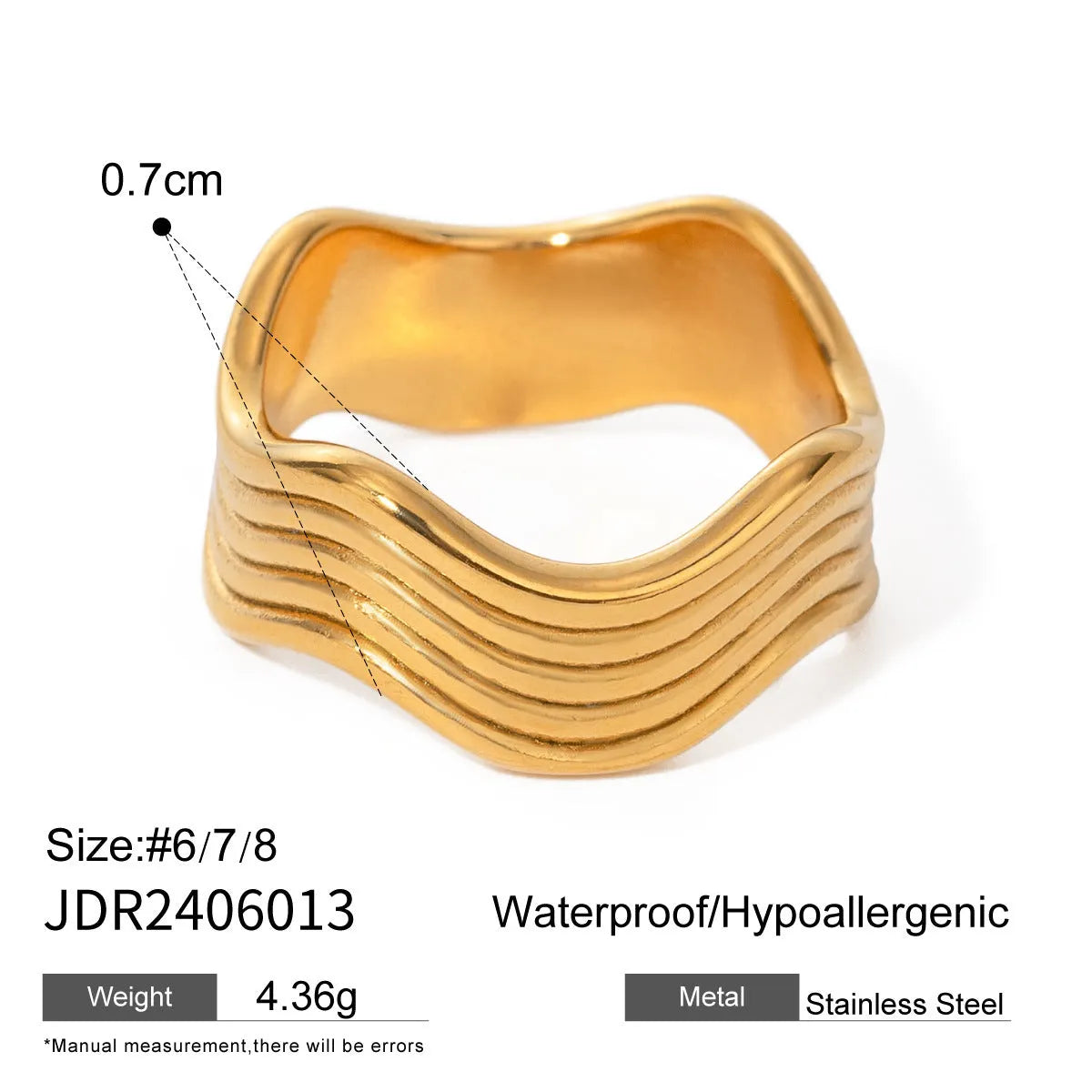 Stainless steel geometric wave ring with electroplated finish in gold or silver tone