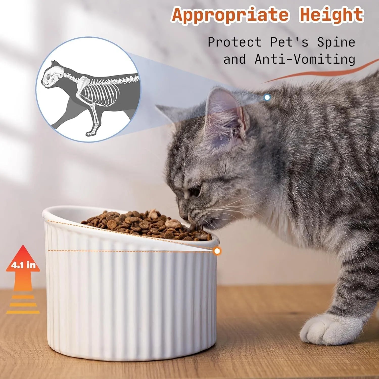 A dark green ceramic elevated cat bowl on a wooden surface, showing its tilted, round shape.