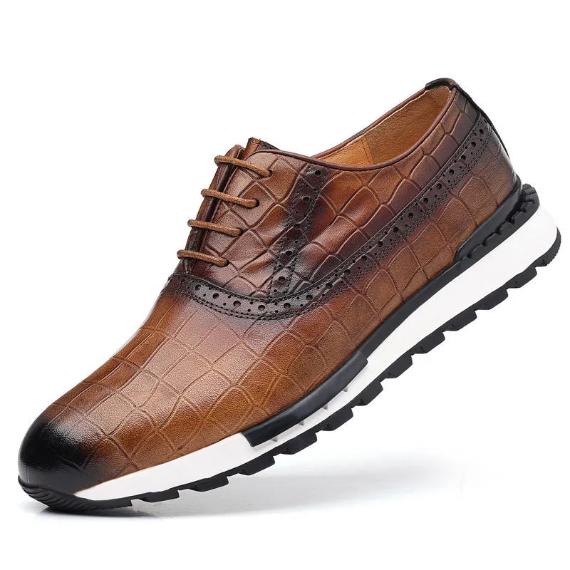 Men's brown lace-up casual calf leather loafers with rubber sole and low heel on display