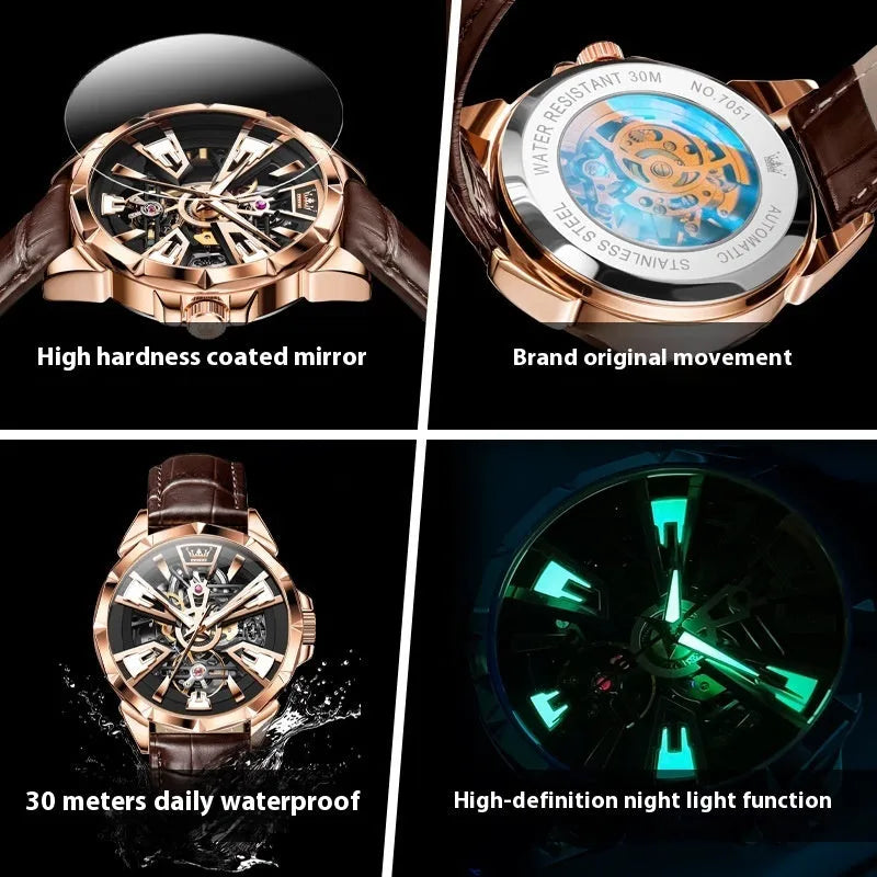 Men's automatic mechanical watch with hollow design showing movement through transparent case back