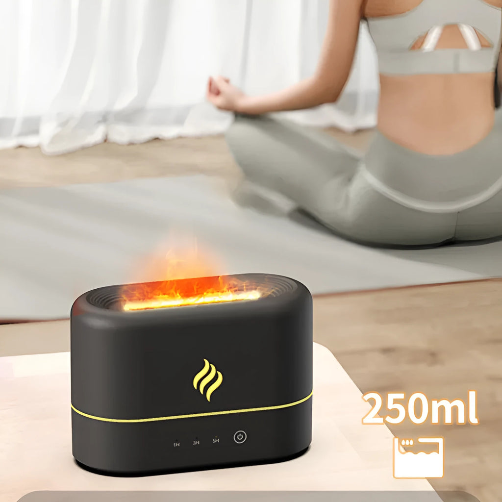 Black or white USB humidifier with seven-colour LED flame effect and mist outlet.