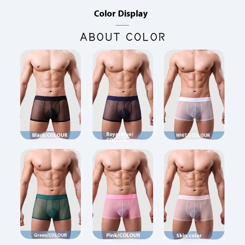 Men's thin polyester boxer shorts in multiple colours on a size chart showing Asian sizing.