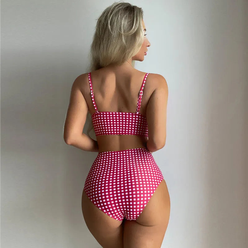 Women's high waisted plaid bikini swimsuit in rose red, showing tops and briefs.