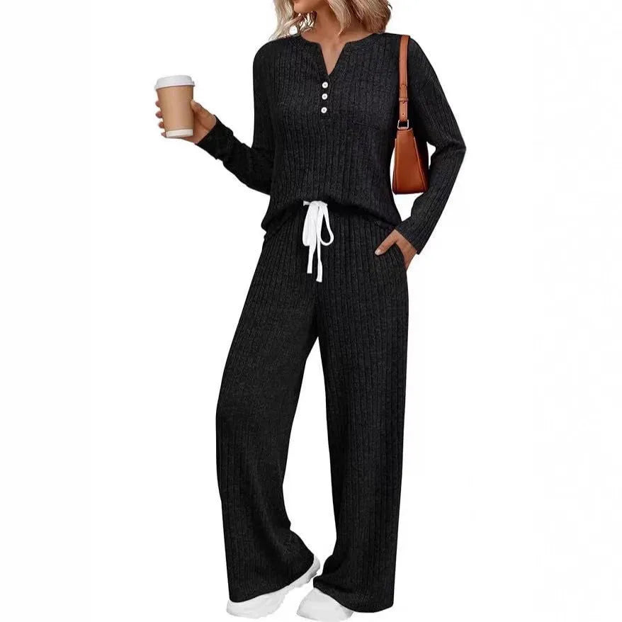 Women's striped knit long coat with V-neck, long sleeves, lace-up details and side pockets