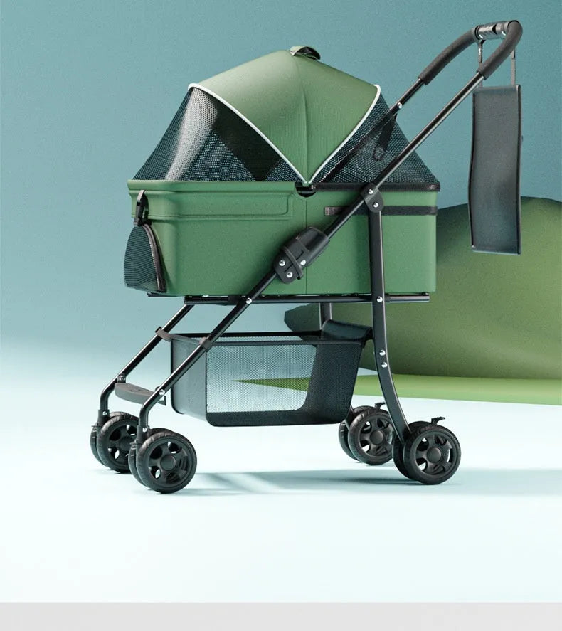 Black folding pet cart with detachable design and metal construction showing large capacity interior