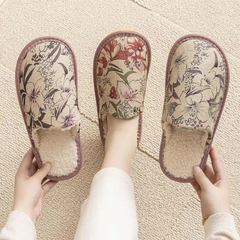 Linen and cotton household slippers with PVC sole in a floral colour option showing size and material detail.