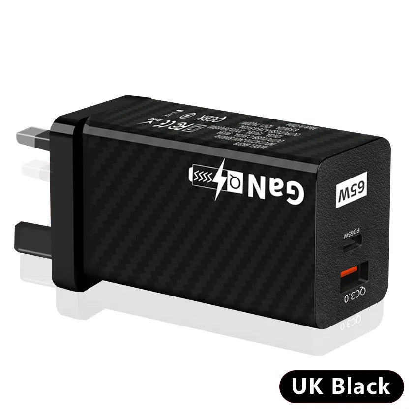 White gallium nitride GaN 65W laptop charger with USB-C port shown next to EU, UK, and US plug options