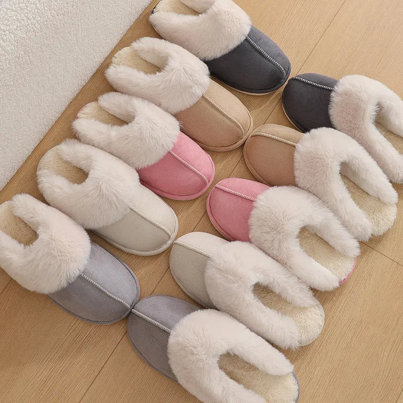 Women's plush winter slippers with round toe, flat heel, and PVC anti-slip sole