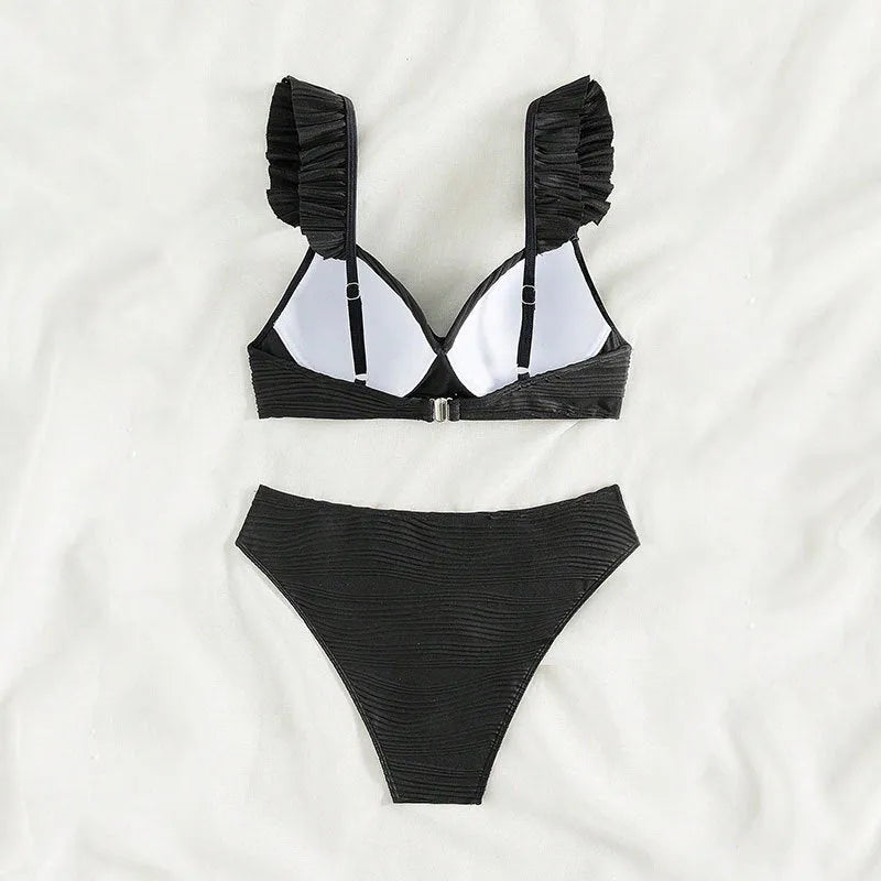 Women's solid colour bikini swimsuit set in black or khaki on a mannequin.