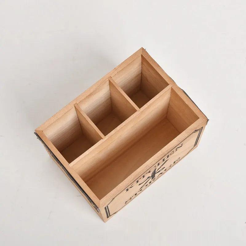 Wooden kitchen storage box with internal grid for knives forks chopsticks organisation