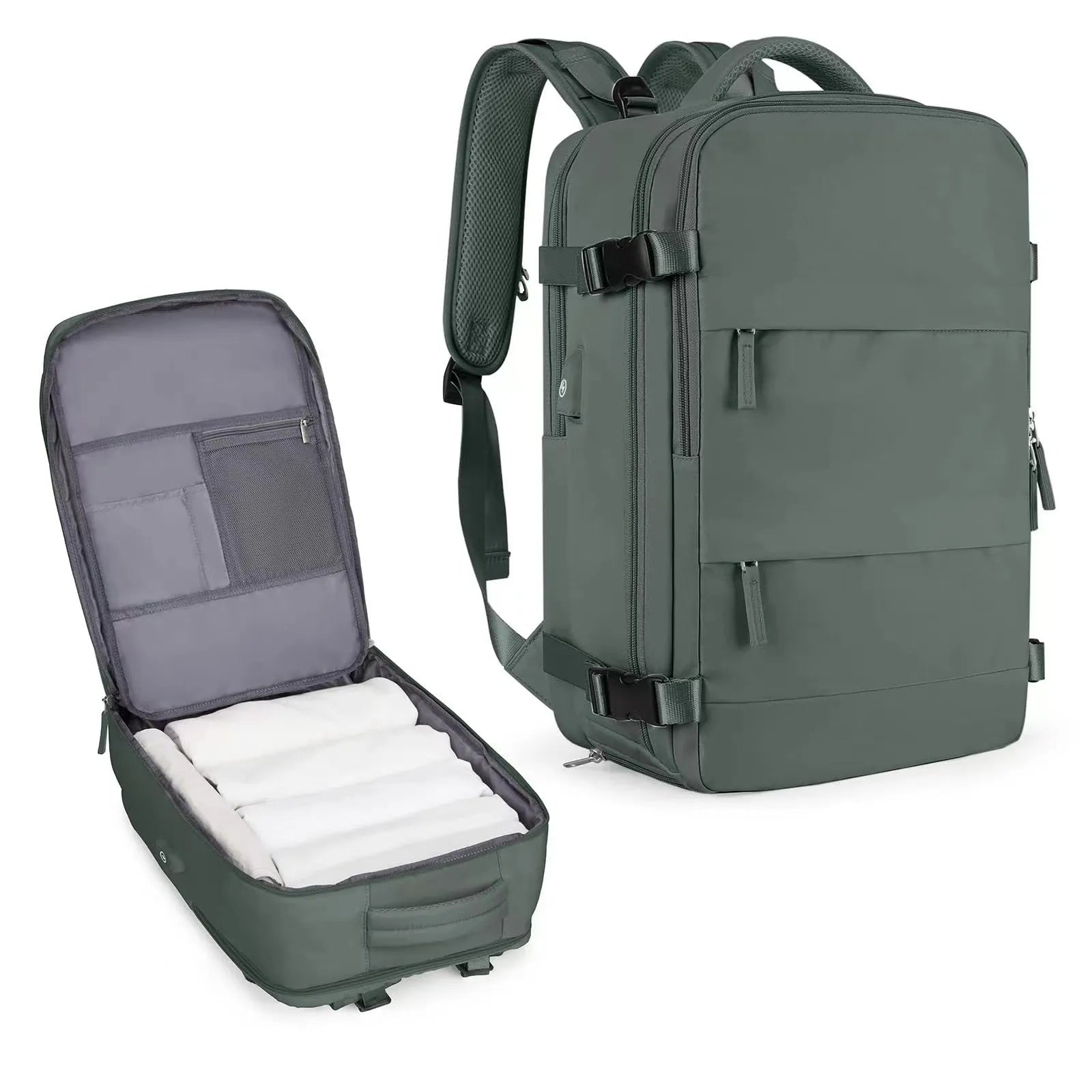 Large waterproof mummy-style backpack in nylon, shown in a selection of colours including black, mint green, and pink.