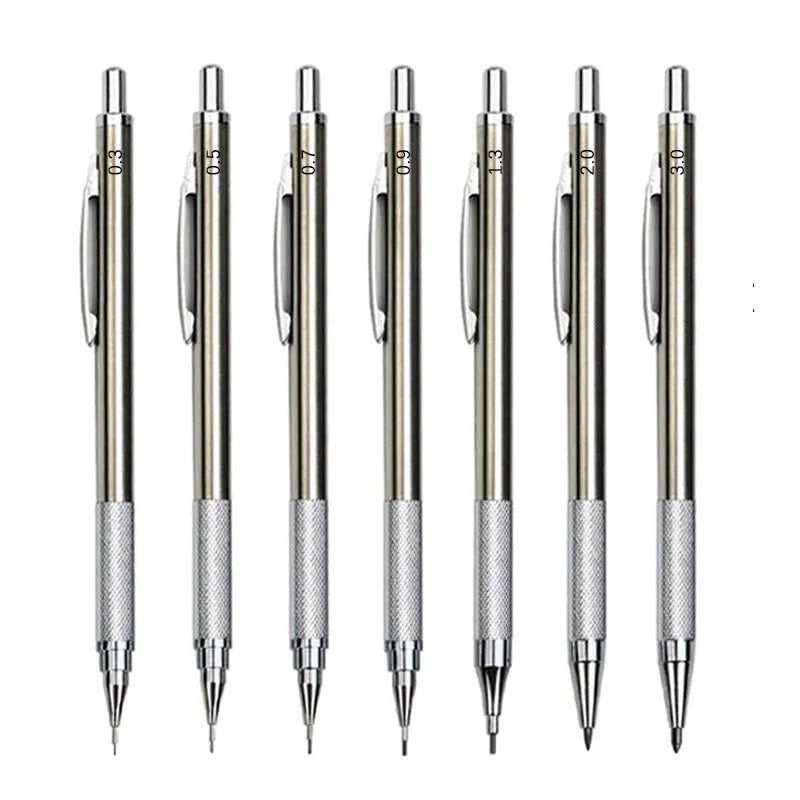 Metal automatic mechanical pencil with retractable tip, shown with compatible lead sizes from 0.3mm to 3.0mm.