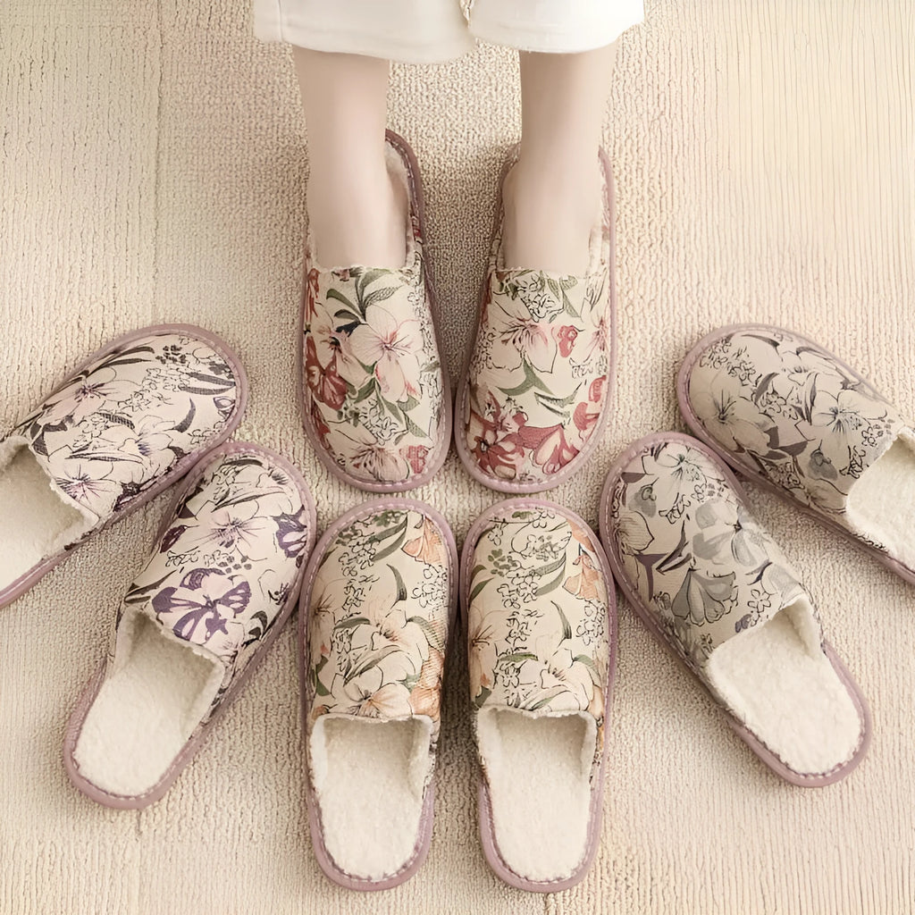 Linen and cotton household slippers with PVC sole in a floral colour option showing size and material detail.