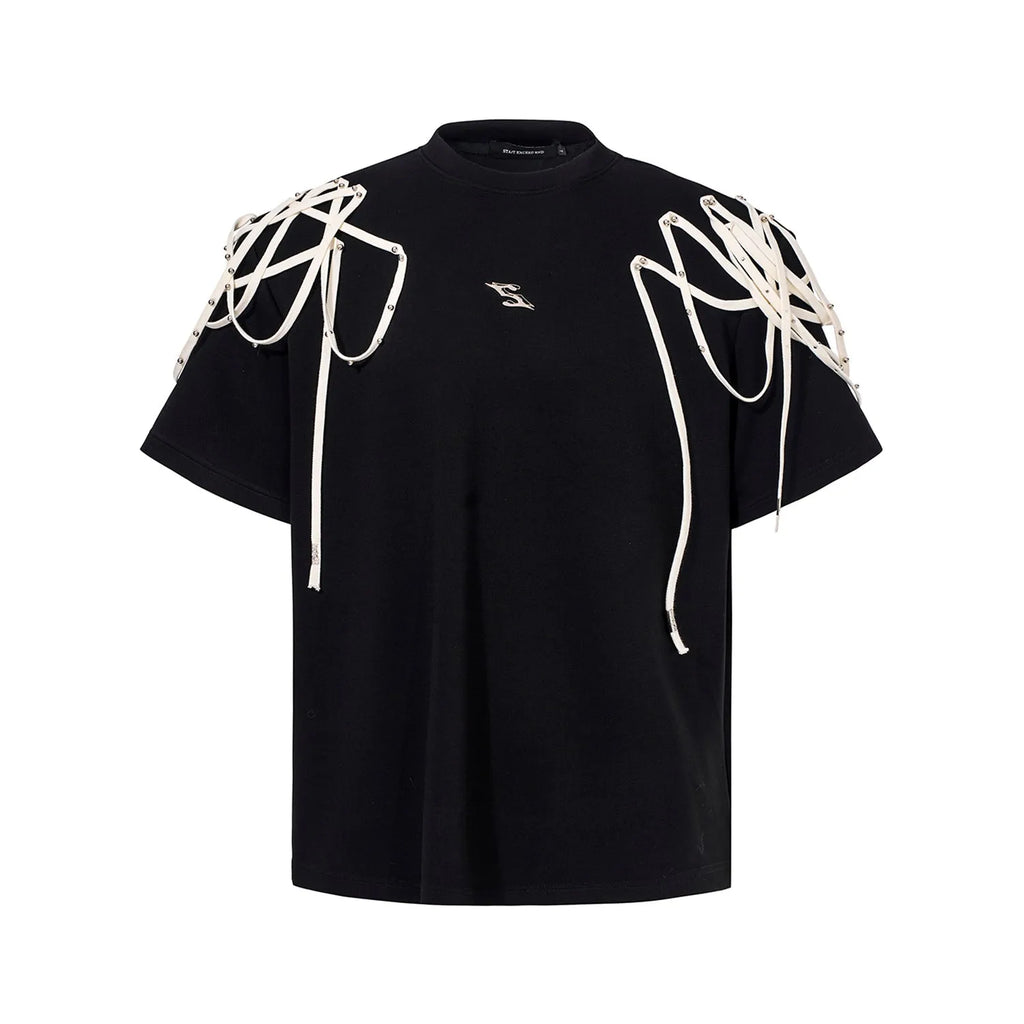 Black loose fit short sleeve T-shirt with padded shoulder and rivet ribbon detail