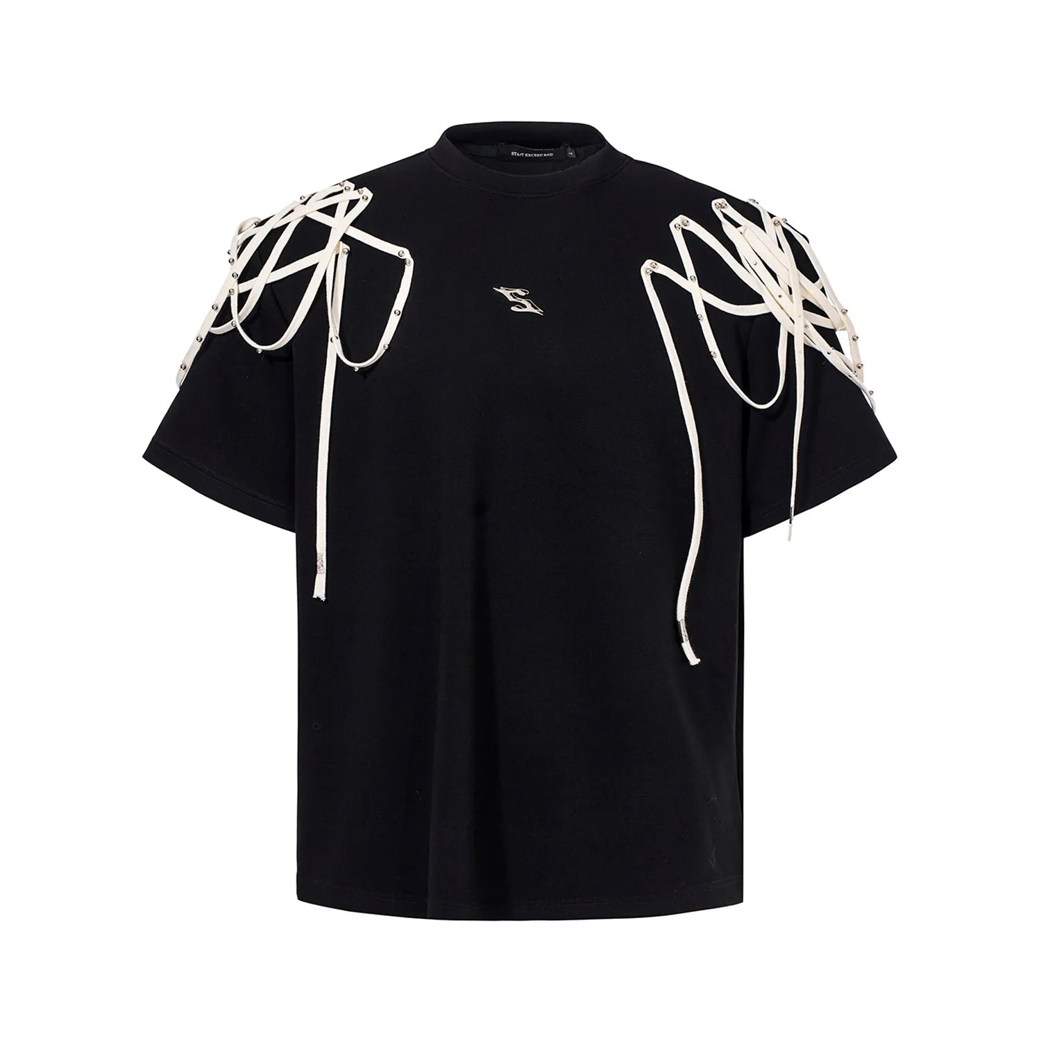 Black loose fit short sleeve T-shirt with padded shoulder and rivet ribbon detail