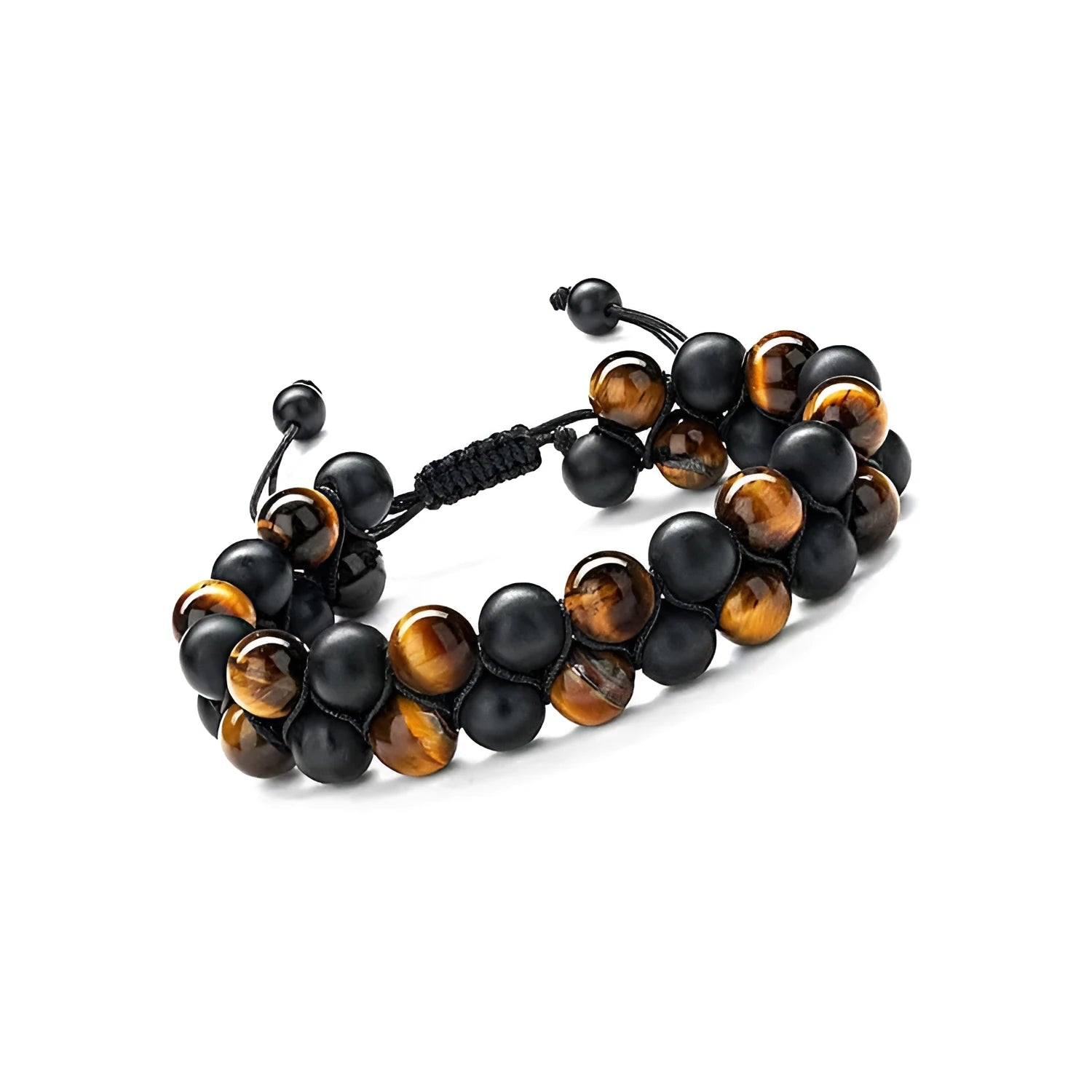 Men's double-layer woven tiger eye stone bracelet with bright magnetic clasp, blue yellow colourway