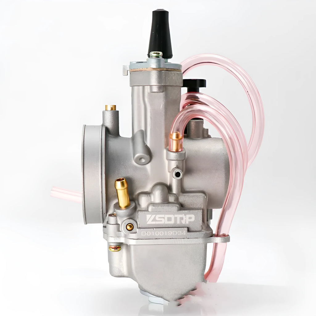 PWK sandblasted motorcycle carburetor for performance modification, showing seven size options from 21mm to 34mm.
