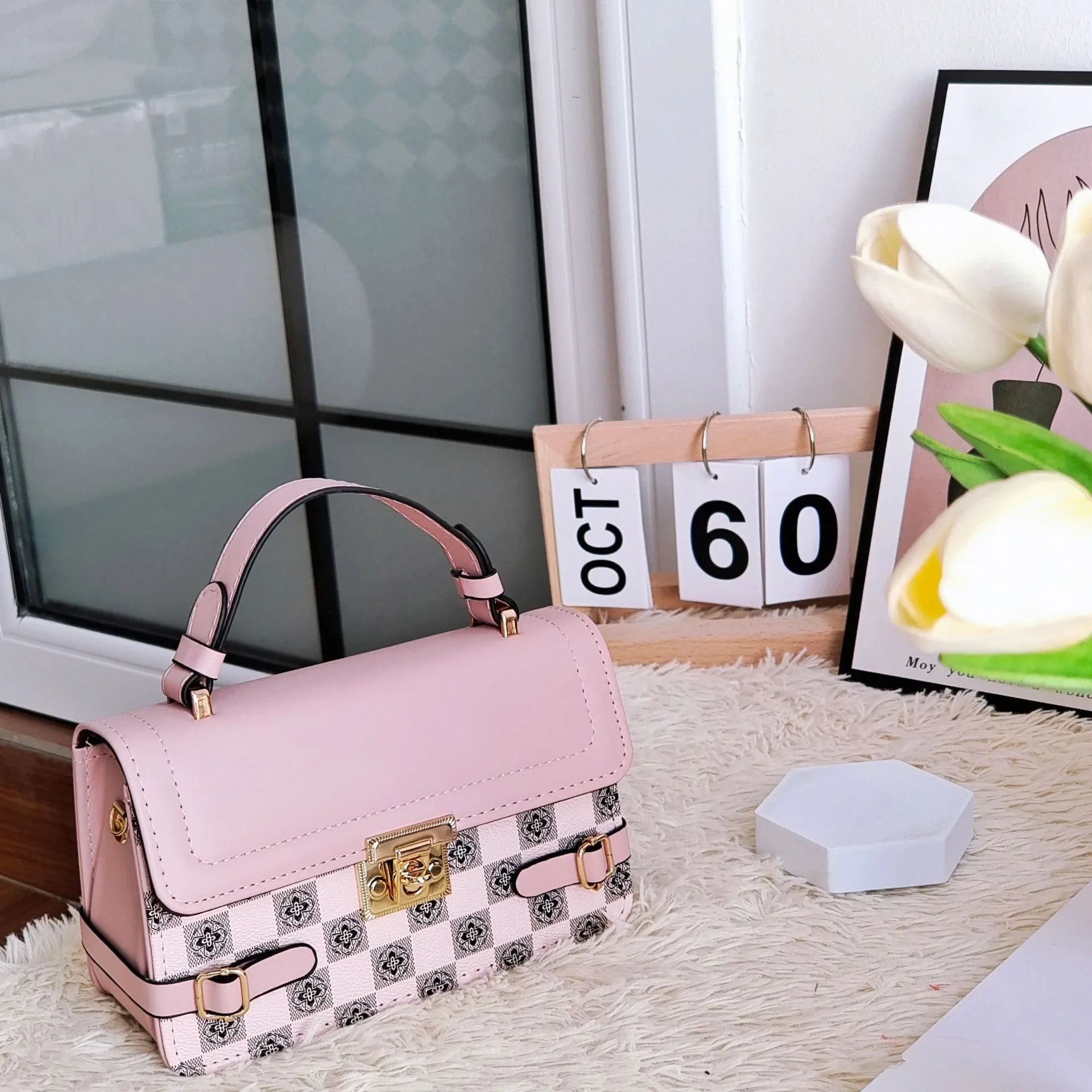 PU leather retro square pattern crossbody bag with floral decoration and file organisation compartment