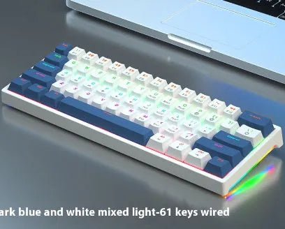 Bluish-black 61-key mechanical keyboard with wired USB cable on desktop