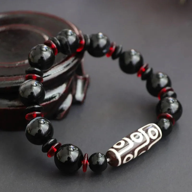 Hand-woven black agate Dzi bead bracelet with 11mm geometry-shaped chalcedony beads