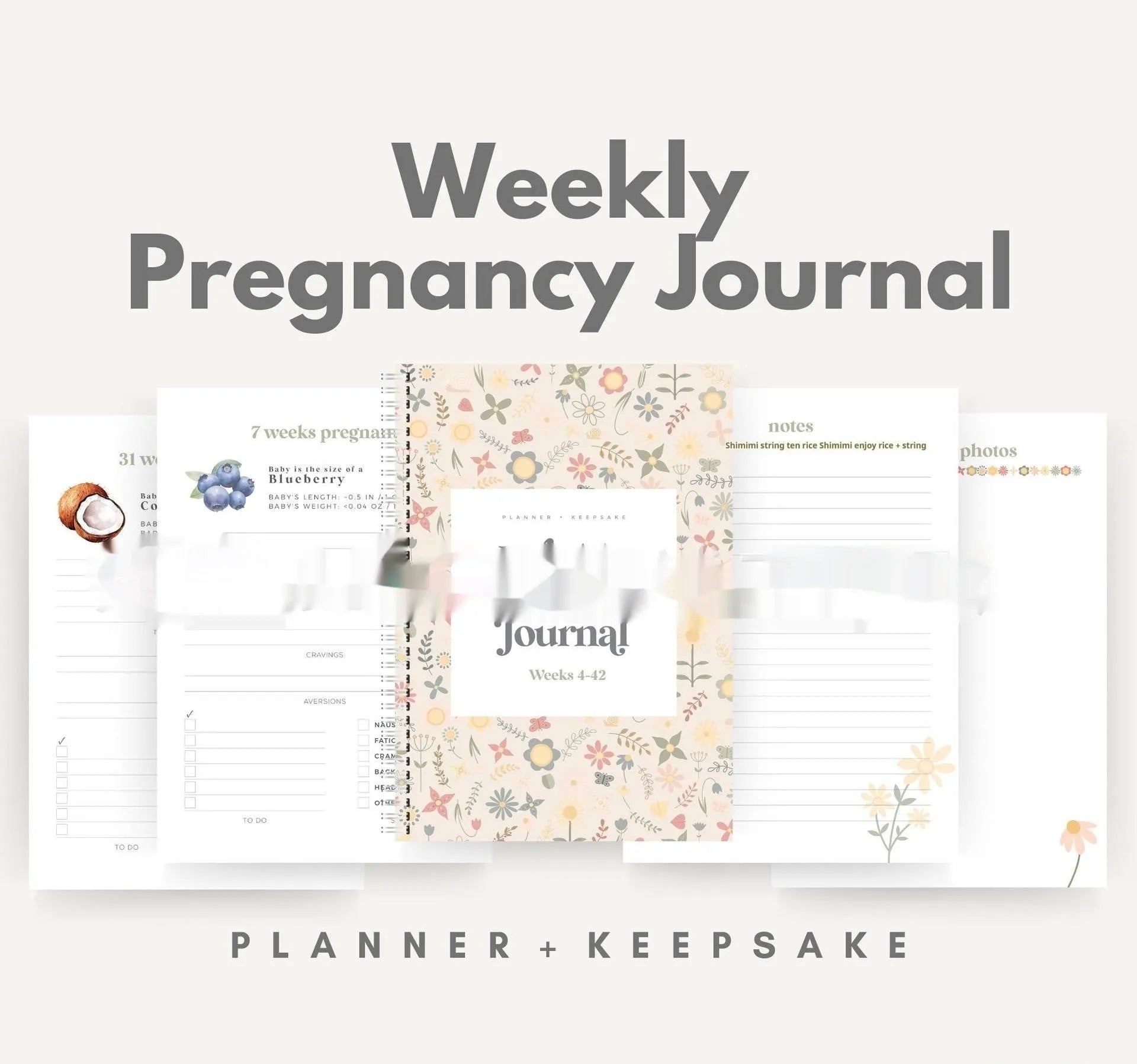 A5 Pregnancy Weekly diary notebook open showing weekly sections with 165x240mm dimensions