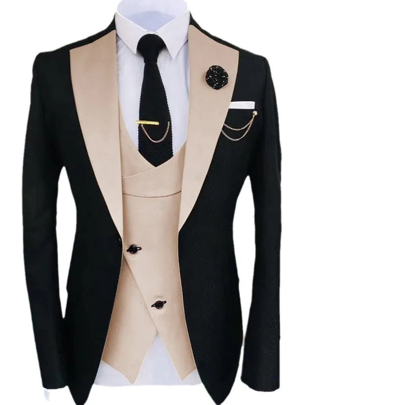Men's slim fit three-piece cotton suit in business style with coat, vest and trousers