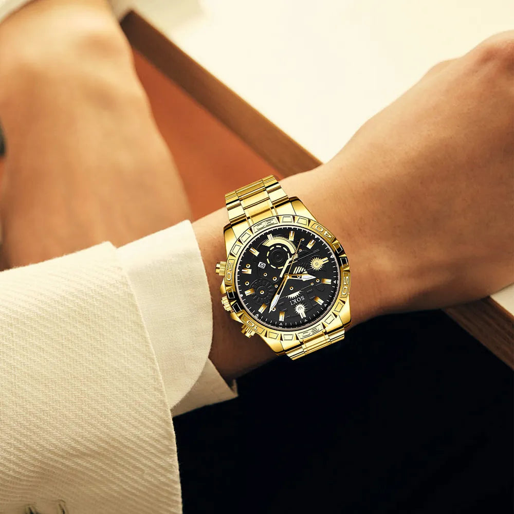 Men's gold business quartz watch with stainless steel strap and 10mm slim case