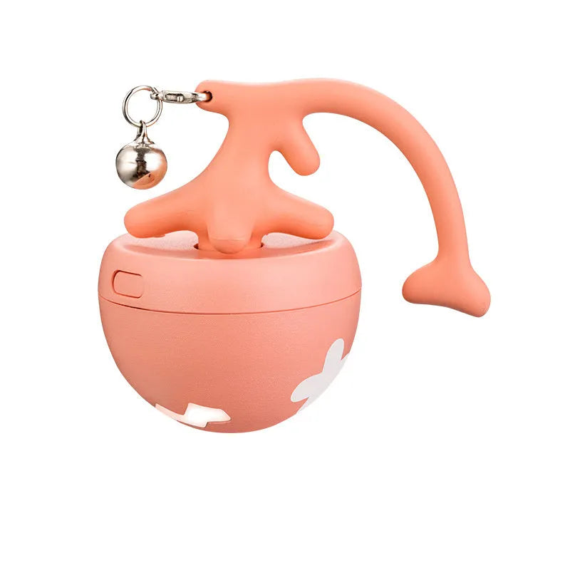 USB electric cat teasing ball with fish bone design and separate feather wand attachment in blue, pink, or yellow