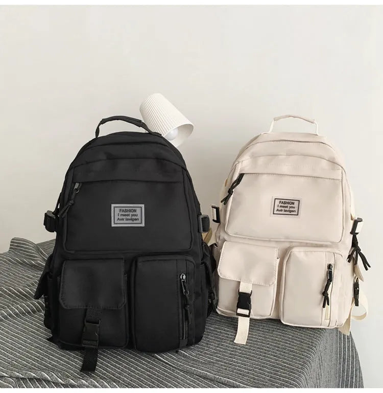 31cm black and white nylon student backpack with computer compartment and outer pockets
