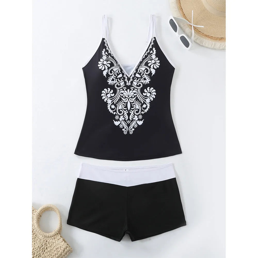 Plus size black and rose red split swimsuit set with matching trunks.
