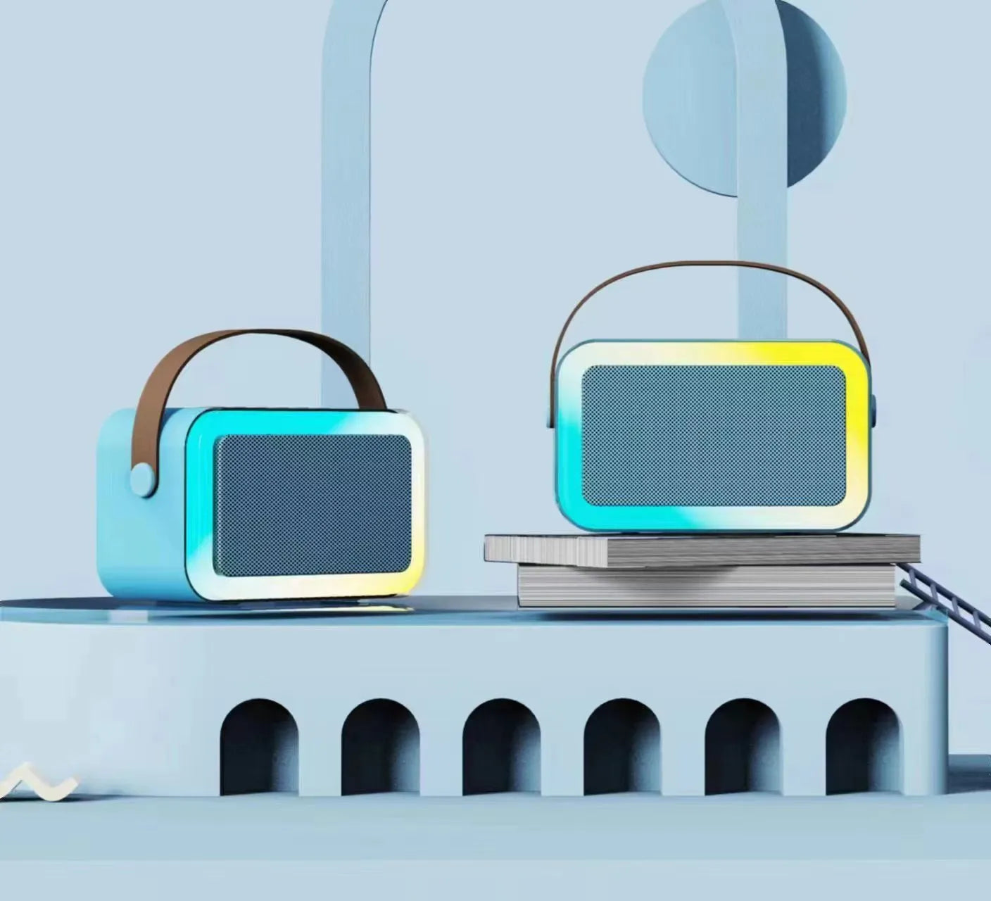White, pink, or sky blue portable Bluetooth speaker with built-in karaoke microphone and coloured LED lights.