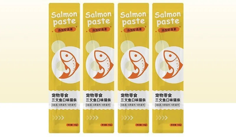 Pack of cat treat strips in four flavour varieties including chicken catgrass and salmon astaxanthin.